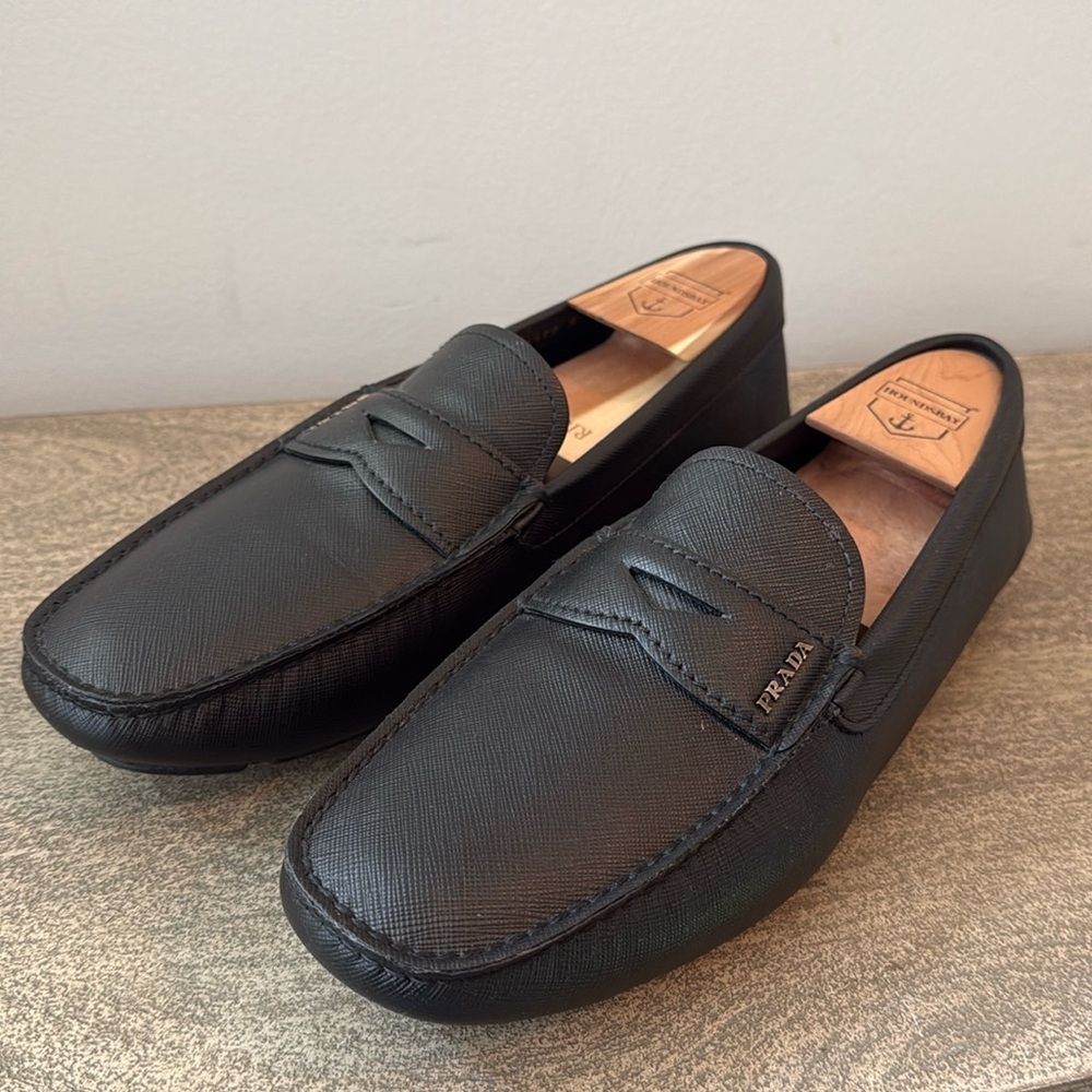 Prada Saffiano Leather Black Penny Loafers